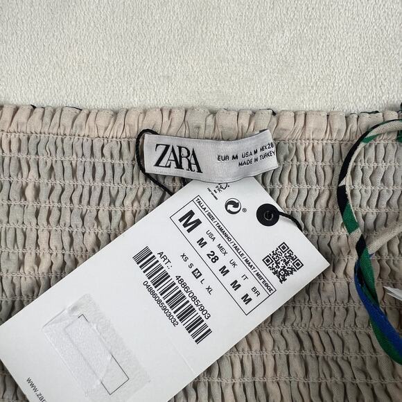 Zara Linen Spaghetti Strap Green/Blue Geometric Crop Top Shirred Back Size M - Picture 4 of 5